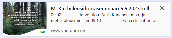 Hei, vielä ehditte mukaan!
Kuka nappaa ilmastopolitiikan miljardimarkkinat? Syntyykö niitä, ja pääsevätkö ainoat hiilensitojat, maa- ja metsätalous mukaan. Juuri alkoi <a href="/MTKry/">MTK</a>:n kutsuma asiantuntijajoukko kysymyksiä ratkomaan. 
Linjoille tästä 🤠👍: youtube.com/live/qhLc9aKW8…