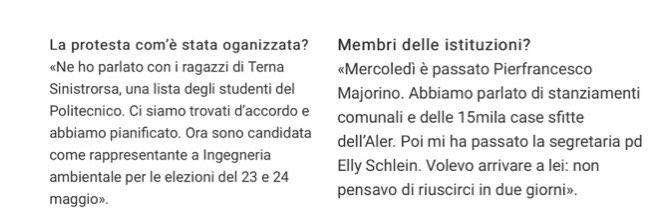 “La protesta organizzata con Terna Sinistrorsa. Ora sono candidata come rappresentante universitario”.
“Il mio obiettivo era arrivare ad Elly Schlein”.
La studentessa che protesta per il caro affitti a Milano mi sa che ha più a cuore il suo futuro politico che abitativo.