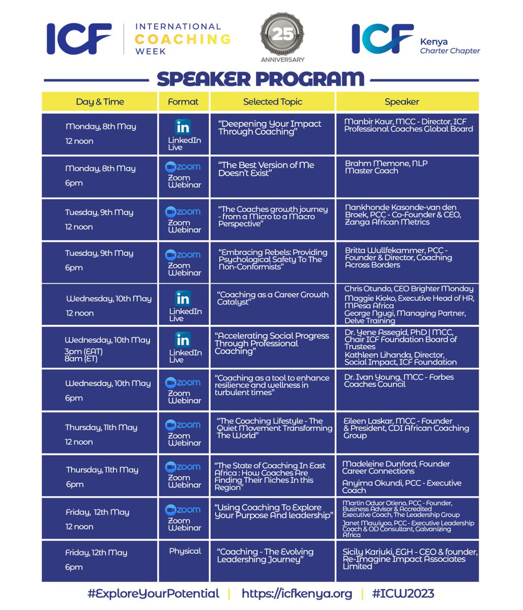 icfkenya's tweet photo. Join us for #CoachingWeek as we take a deep dive into some key areas around why coaching, its impact and its power in helping to unleash one's potential and improve performance and productivity.

Check out our program and follow @ICWKenyaChapter for more details https://t.co/LIiecFZ6WW