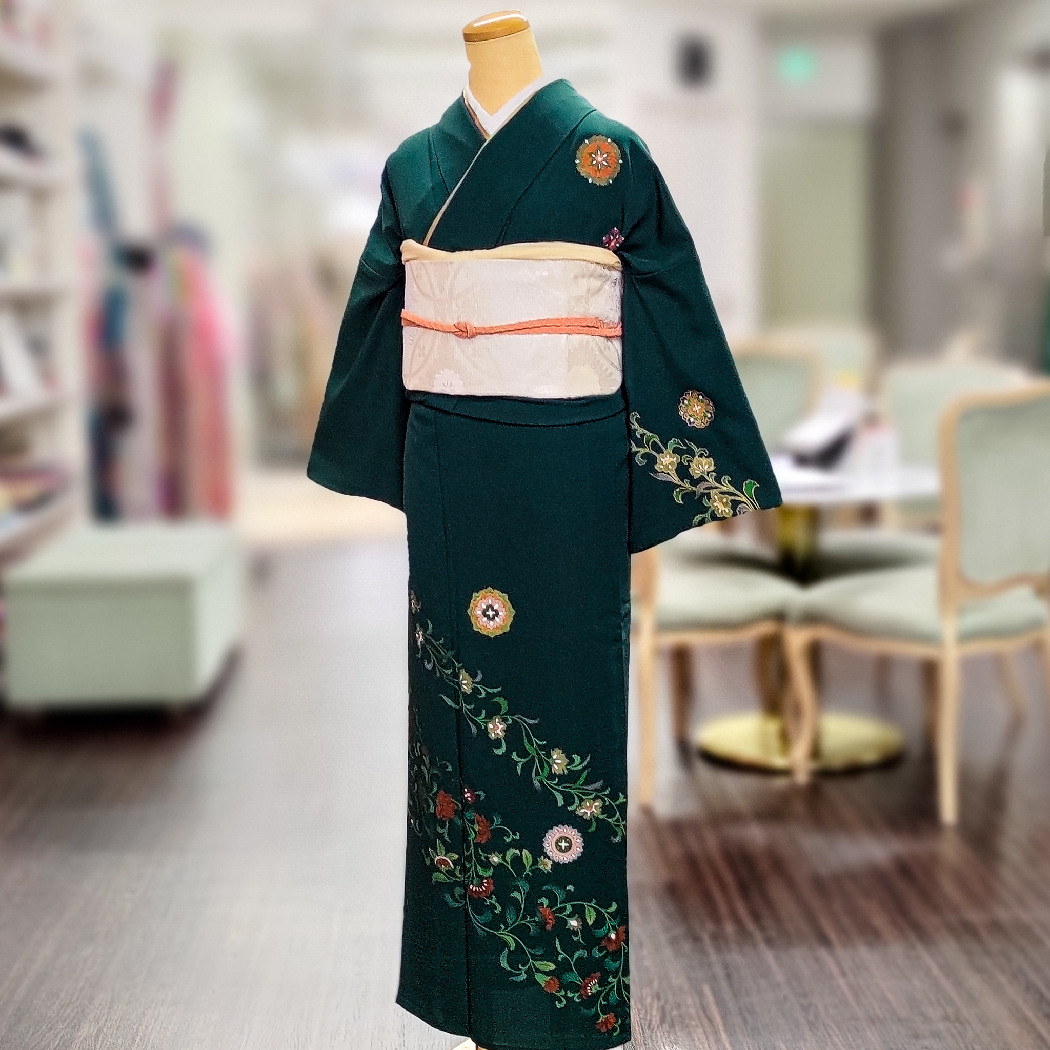 7090］訪問着 美品 刺繍 絞り 吉祥流水花文様 金糸 正絹 着物 袷
