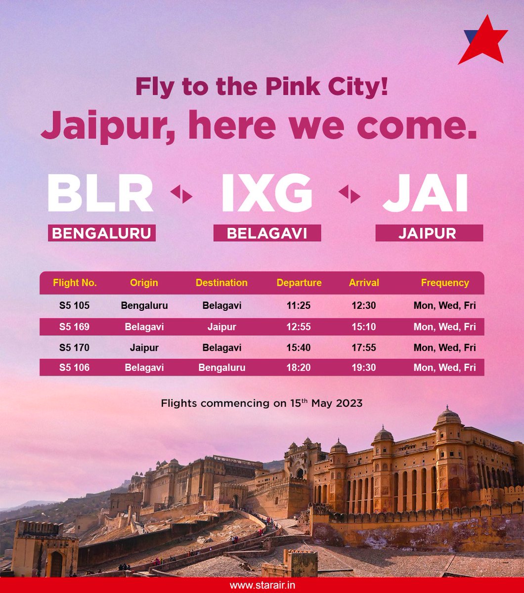 Fly to the Pink City! 
Introducing direct & connecting flights between Bangalore, Belagavi & Jaipur. 

Flights commencing on 15 May 2023.

Book your UDAN on starair.in

#OfficialStarAir #WeCare #ConnectingReallndia #FlyNonStop #FlyWithStarAir #SGGRising