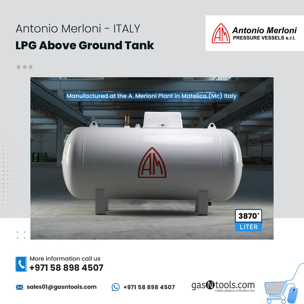 GasNtools's tweet image. Horizontal Above Ground Italian LPG Gas Tanks from Antonio Merloni 🇮🇹

✅ Operating Temp -40° + 50° C

📞 Call/WhatsApp +971 58 898 4507
📧 sales@gasntools.com
🌐 gasntools.com

#gasinstallation #lpgtanks #oilandgas #gasstorage #mena #uae #oman #saudi #asia #africa