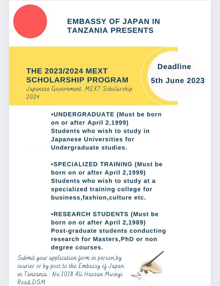 Happy to announce that the 2024 #MEXT Scholarship for Tanzanian nationals is now open! All application must be submitted to the Embassy of Japan in Dar es Salaam no later than 4:30pm June 5, 2023. For more information follow this link: tz.emb-japan.go.jp/itpr_en/mext20…
#StudyinJapan