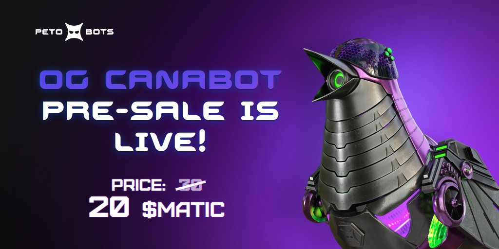 petobots's tweet image. OG Canabot NFT Pre-Sale is Live!

All Alpha Pass holders are eligible.
Pre-sale ends May 19.

Mint Date: May 25
Supply: 3500
Price: 30 $MATIC
Pre-sale Price: 20 $MATIC

Secure your OG Canabot with 30% discount NOW:
hel.io/pay/6452ae2cfe…