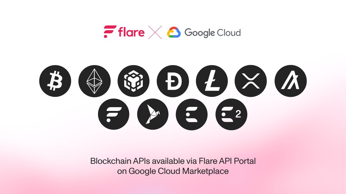 Flare <a href="/APIPortal/">API Portal ☀️</a> has integrated with <a href="/googlecloud/">Google Cloud</a> Marketplace, making APIs for Algorand, Binance’s BNB Smart Chain, Bitcoin, Dogecoin, Ethereum, #Flare, Litecoin, Songbird &amp; XRP available to Google Cloud’s Marketplace users. All new connected chains will also be added.