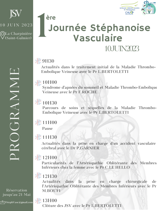 ☣️#embolie pulmonaire, #thrombose veineuse, hypertension pulmonaire, artériopathie, #neurovasculaire ... ❓Vous prenez en charge des patients souffrant de maladies #vasculaires ? ➡️Les Journées Stéphanoises de Vasculaire sont pour vous !💚 ❎Inscription avt 21/05 ⤵️