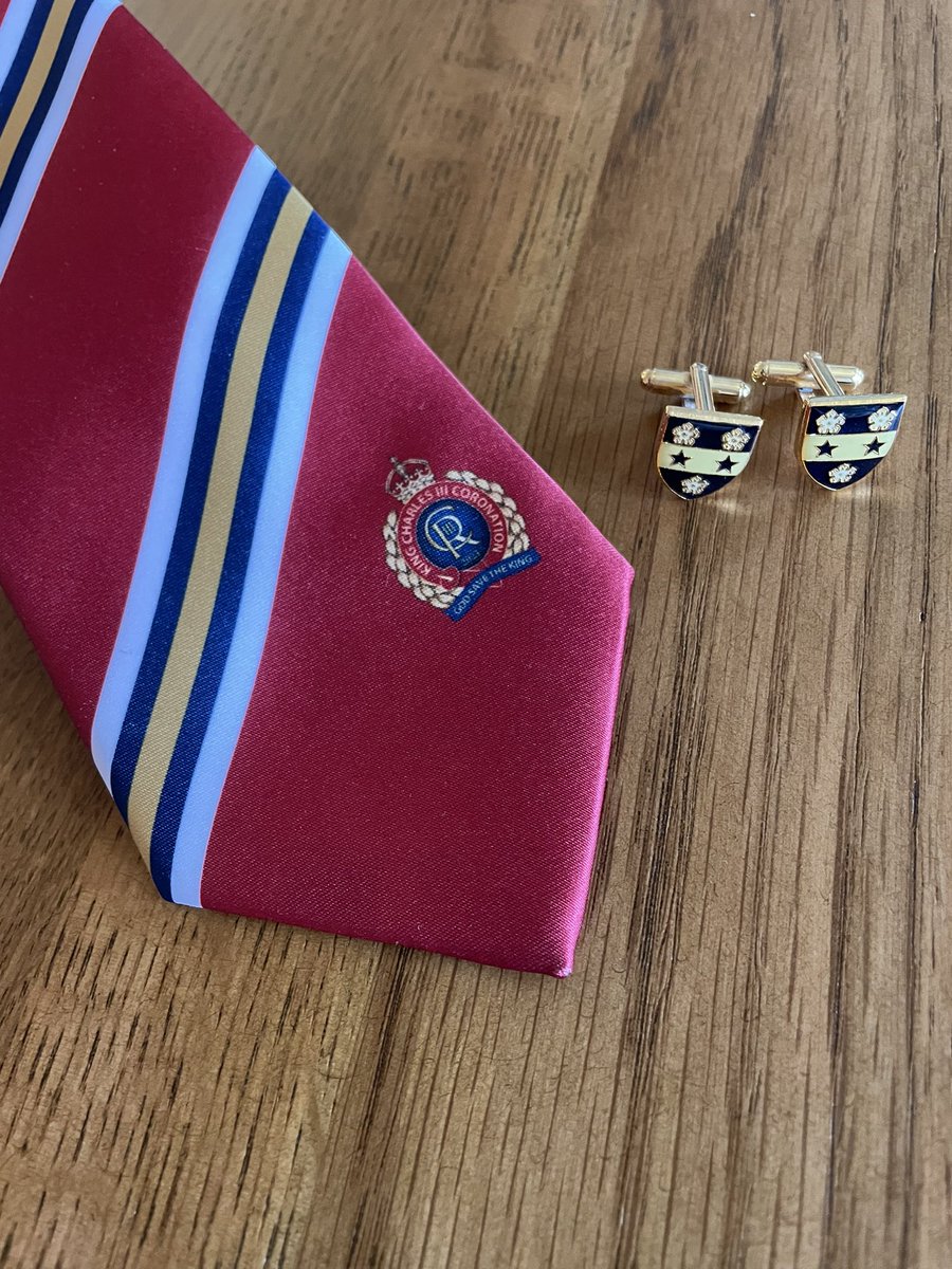 SVS_Headmaster's tweet photo. Special Coronation tie and @svs_news School cufflinks ready to wear today to celebrate at the Junior Tea Party, Senior HM Special Assembly featuring the CCF NCOs and Heads of School, and then the Prep School @SVPS_News Picnic. God Save the King! https://t.co/GtTGASDUzF