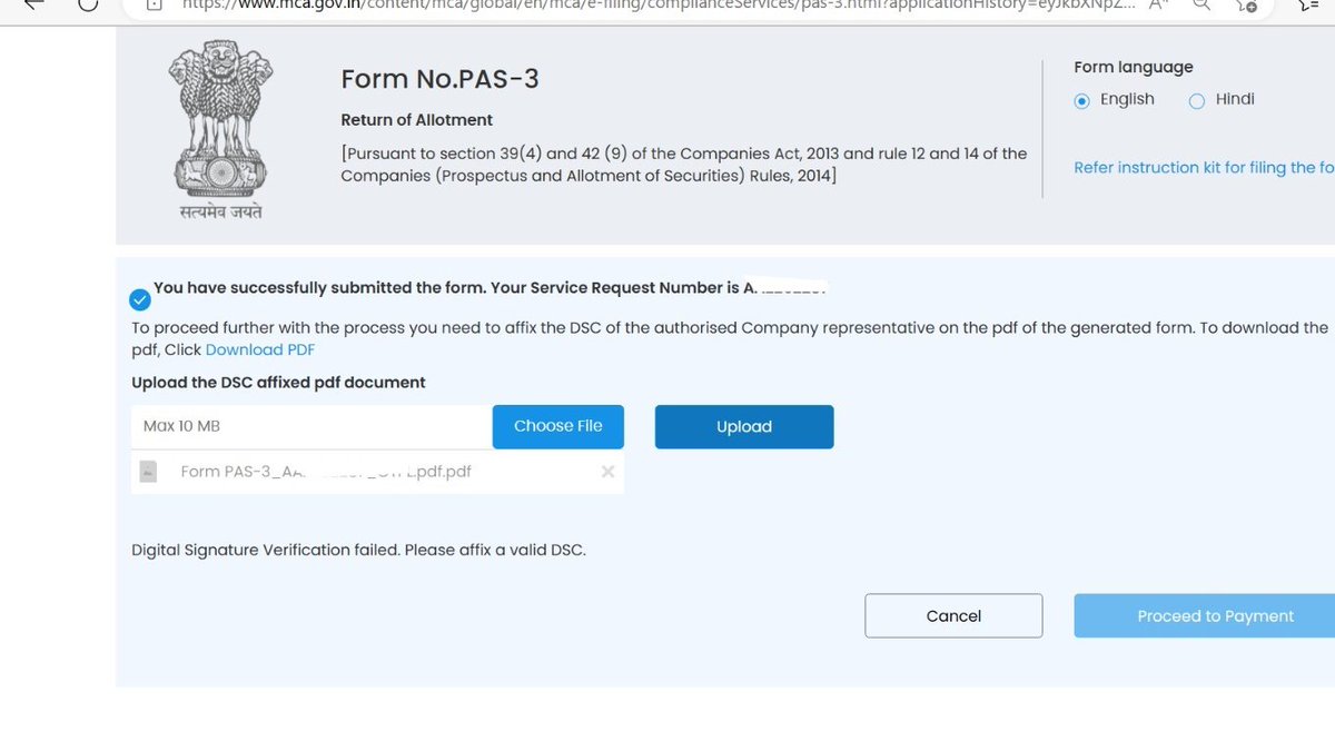 FCSJigarShah's tweet image. Hi @MCA21India facing this issue in all PAS 3 forms of Small Companies. Form is not getting filed without DSC of Professionals, we cannot affix DSC of Professionals as it is small Company..

Only Solution - Login from Directors ID, add Certification and upload form. 

#CSTwitter
