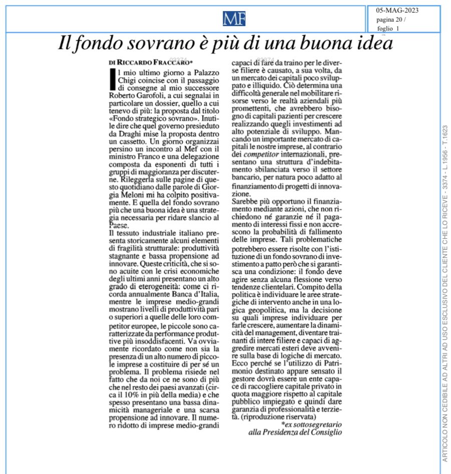 Riccardo Fraccaro (@riccardo_fra) on Twitter photo Oggi è usicito su <a href="/MilanoFinanza/">MilanoFinanza</a> un articolo che riassume il mio pensiero su un tema oggi centrale per la crescita industriale del Paese: la creazione di un FONDO SOVRANO STRATEGICO.
Buona lettura! Oggi è usicito su <a href="/MilanoFinanza/">MilanoFinanza</a> un articolo che riassume il mio pensiero su un tema oggi centrale per la crescita industriale del Paese: la creazione di un FONDO SOVRANO STRATEGICO.
Buona lettura!