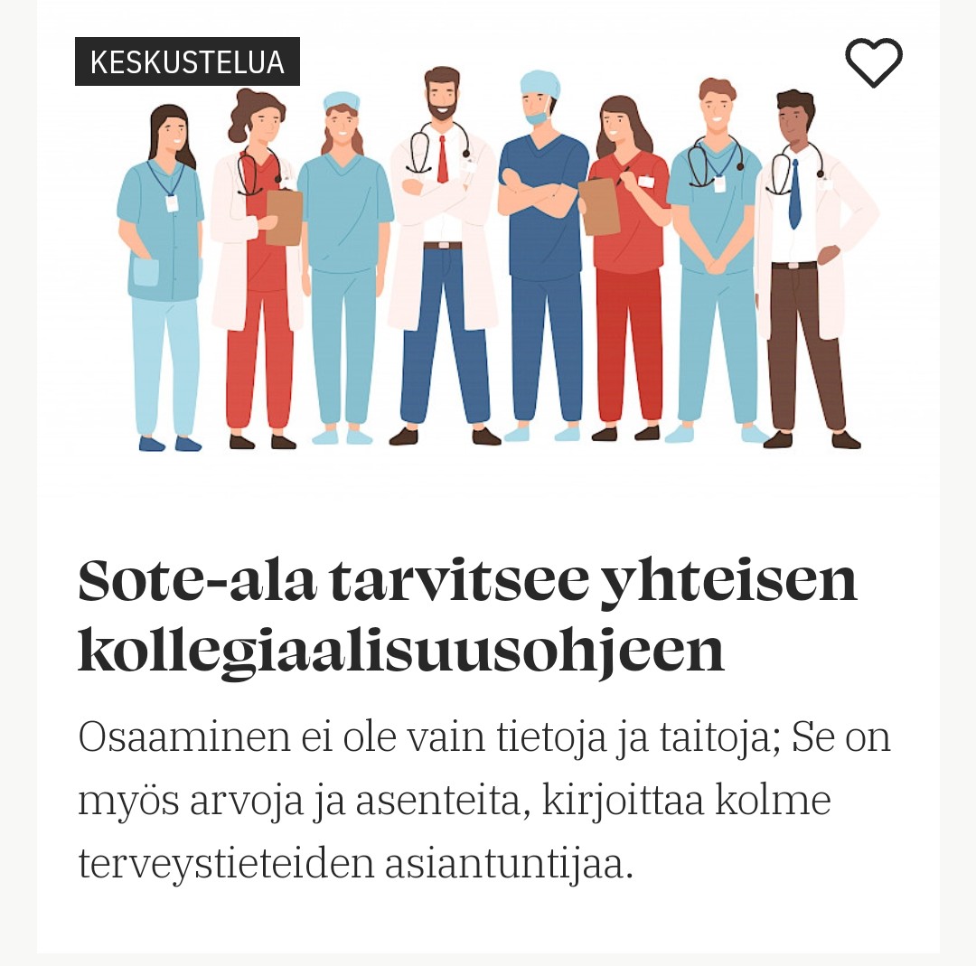 Kirjoitimme kollegiaalisuusosaamisesta Lääkärilehteen. Pitäisikö katsetta jo siirtää yhteiseen ohjeeseen? Kollegiaalisuusosaaminen ei ole vain taitoja, vaan myös asennetta. Arvostus ja ystävällisyys sitouttaa ja luo hyvinvointia. <a href="/Laakarilehti/">Lääkärilehti</a> <a href="/UniOulu/">University of Oulu</a> <a href="/HST_OY/">Health Sciences and Technology - Oulu</a> <a href="/Sairaanhoitajat/">Sairaanhoitajat</a>