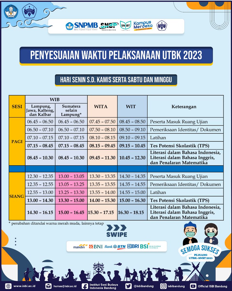 isbibandung's tweet image. Selamat Siang. 

Berikut adalah Surat Edaran tentang Penyesuaian Waktu Pelaksanaan dan Jadwal UTBK-SNBP 2023. 

Terima Kasih, Salam Seni dan Budaya!!

#SNPMBBPPP #SNPMB2023
#SNBP #SNBT #UTBK
#ISBIBandung #CentreofCreativityBasedEmpoweringCulturalZone