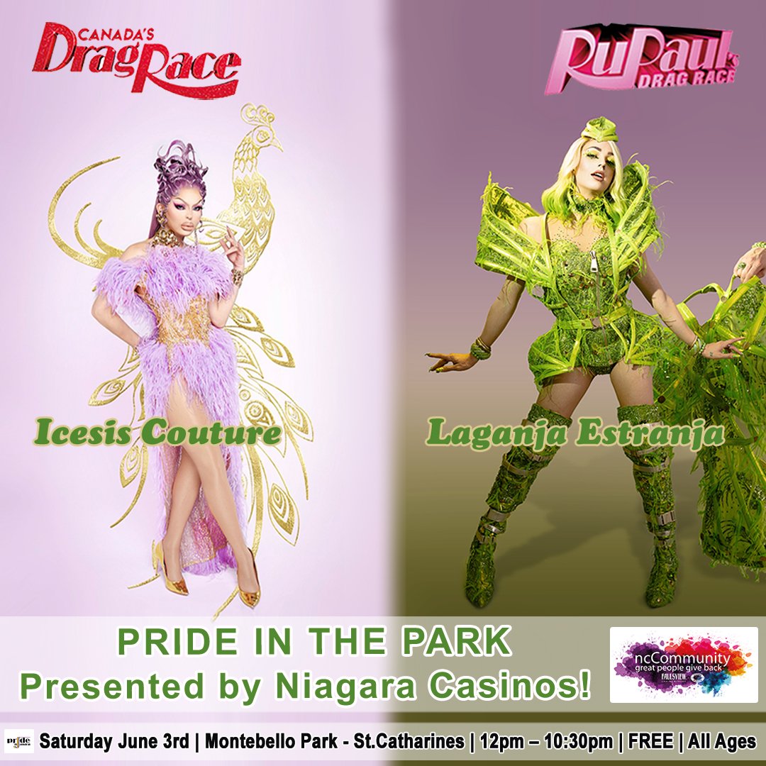 PrideNiagara's tweet photo. 10th Annual Pride in the Park -Presented by @Niagara_Casinos  Saturday June 3rd, 2023, 12pm – 10:30pm at Montebello Park in St. Catharines  Winner of Canada's Drag Race Season 2 @itsqueenicesis with  RuPaul's Drag Race Season Six Star @LaganjaEstranja  #PITP2023 A FREE EVENT https://t.co/cHNChCqQci