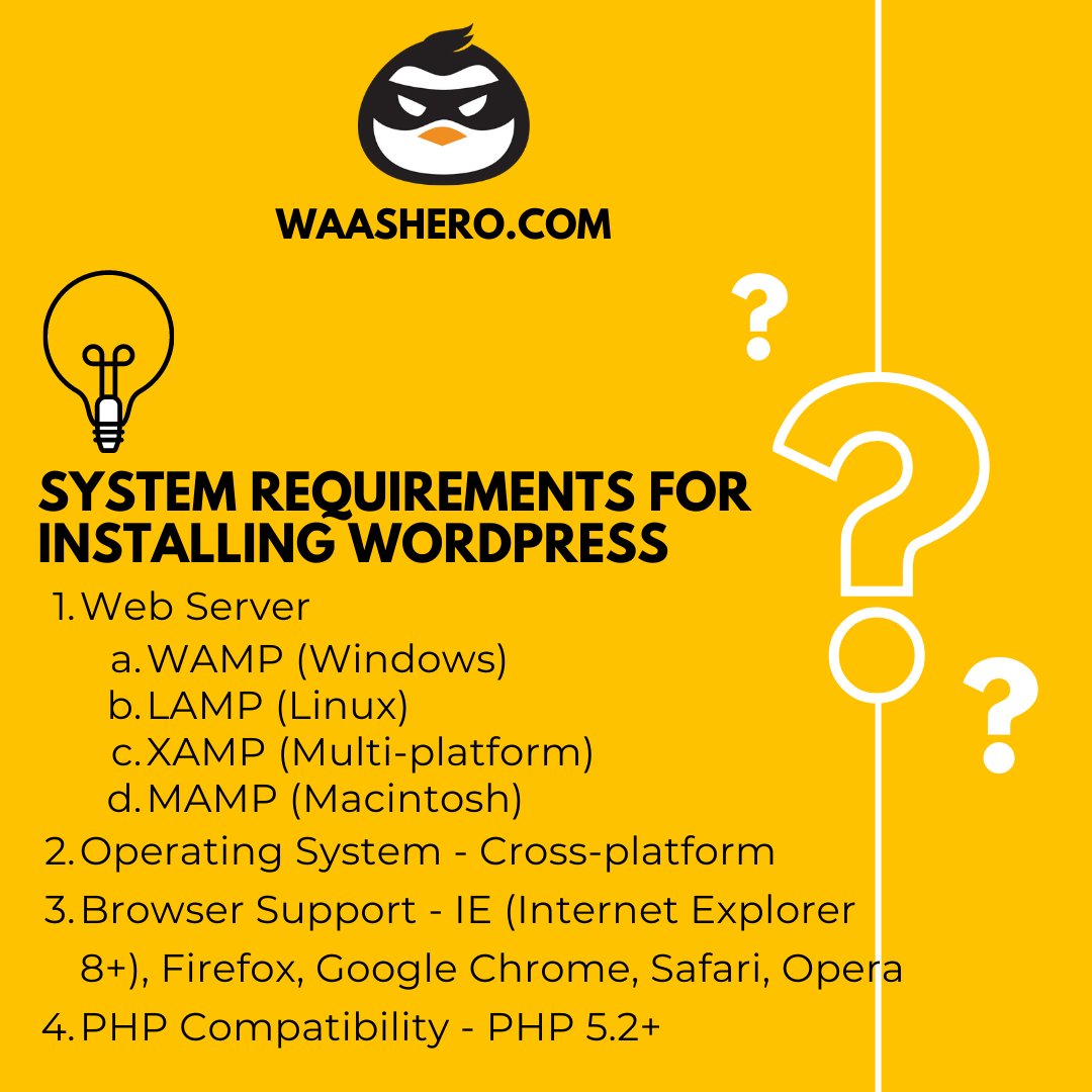 WaaSHero's tweet photo. Installing WordPress is an easy and straightforward process, but before you begin make sure you know the system requirements. Discover what you need in order to install WordPress.

#waashero #wordpress #webdevelopment https://t.co/obljofTQkt