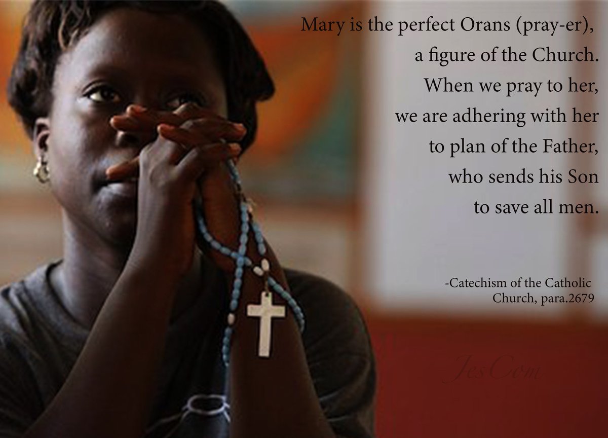 Mary is the perfect Orans (pray-er), 
a figure of the Church.
When we pray to her,
we are adhering with her
to plan of the Father,
who sends his Son
to save all men.

-Catechism of the Catholic Church, para.2679