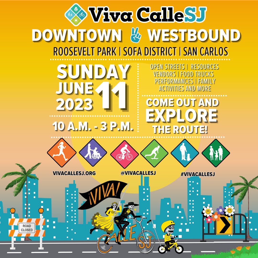 VivaCalleSJ's tweet photo. We're thrilled to announce the official route for our next Viva CalleSJ event. Join us on Sunday, June 11 as we take over our city streets and transform them into a pedestrian paradise. Walk, bike, skate and explore local businesses and activities along the way. #vivacallesj https://t.co/l8AQQfkFS7