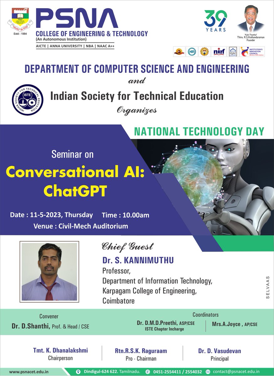 csepsnacet's tweet image. 𝐃𝐞𝐩𝐚𝐫𝐭𝐦𝐞𝐧𝐭  𝐨𝐟 𝐂𝐒𝐄 &amp;amp; 𝐈𝐒𝐓𝐄 𝐜𝐡𝐚𝐩𝐭𝐞𝐫 𝐨𝐟 𝐏𝐒𝐍𝐀𝐂𝐄𝐓 𝐨𝐫𝐠𝐚𝐧𝐢𝐳𝐞𝐬 a Seminar on  &quot;𝐂𝐨𝐧𝐯𝐞𝐫𝐬𝐚𝐭𝐢𝐨𝐧𝐚𝐥 𝐀𝐈:𝐂𝐡𝐚𝐭𝐆𝐏𝐓&quot;  for CSE students on 11.5.23 at 10am in Civil-Mech Auditorium  for 𝐍𝐚𝐭𝐢𝐨𝐧𝐚𝐥  𝐓𝐞𝐜𝐡𝐧𝐨𝐥𝐨𝐠𝐲 𝐃𝐚𝐲.