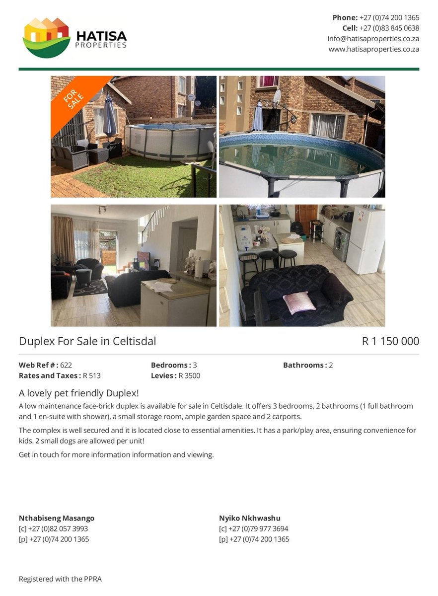 Hatisa_'s tweet photo. Pet friendly and well located property is available for sale in Celtisdal, Centurion🏡
https://t.co/vZwRhts6zR
#Hatisaproperties #Hatisa #Properties #property #Realestate #estateagency #celtisdal #centurion https://t.co/0ioAIiDThJ