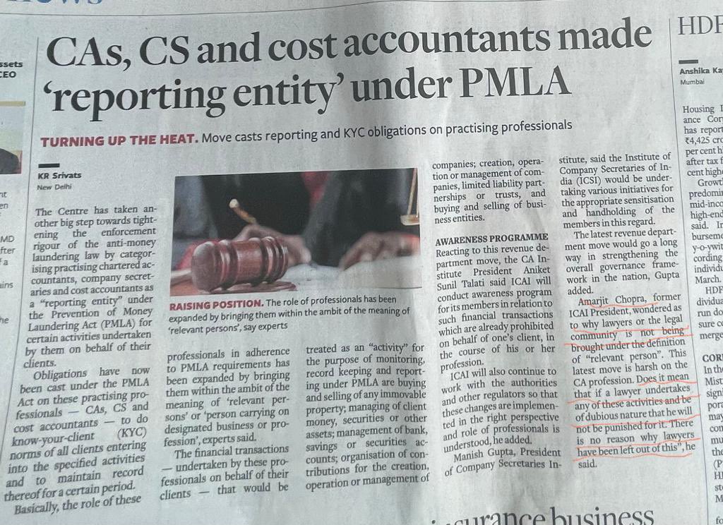 KSRLAW's tweet photo. #CA or #CS or #CostAccountant any other person who advises irrespective of profession must be liable under #PMLA or any other law if they are engaged in frauds or illegalities or aiding or abetting non contraventions. Therefore this requires amendment.  @FinMinIndia @nsitharaman https://t.co/yX5Pmb3Hhd