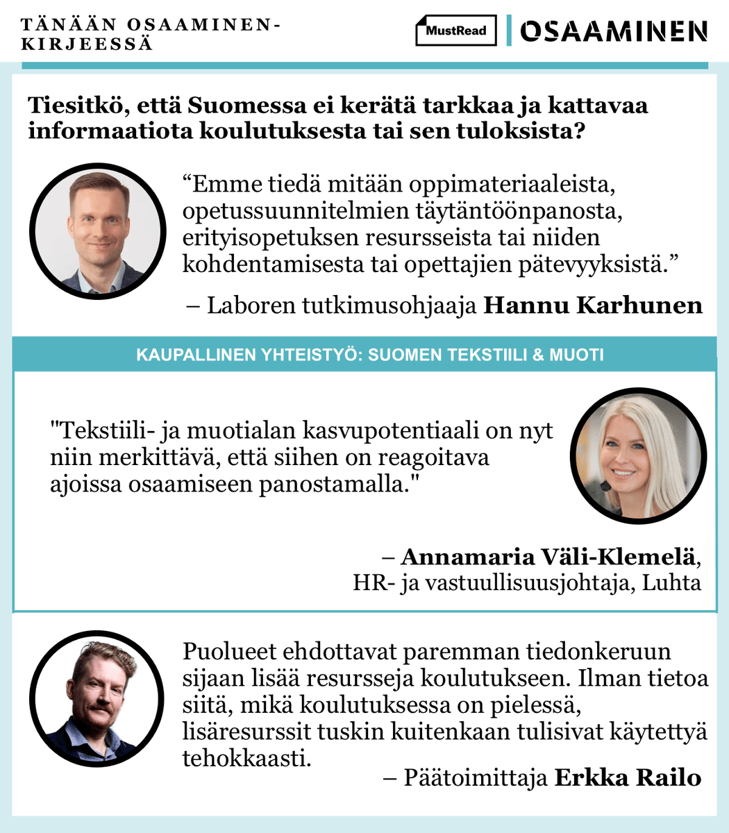 Tänään lähetin @MustReadFI -yleisölle uusimman Osaaminen-uutiskirjeen. Sen tärkein viesti on, että tarvitsisimme täsmällistä tietoa siitä, mikä koulutuksessa toimii ja mikä ei. Mukana myös @labore_tutkimus @hannukarhunen  
Lue lisää spostistasi!