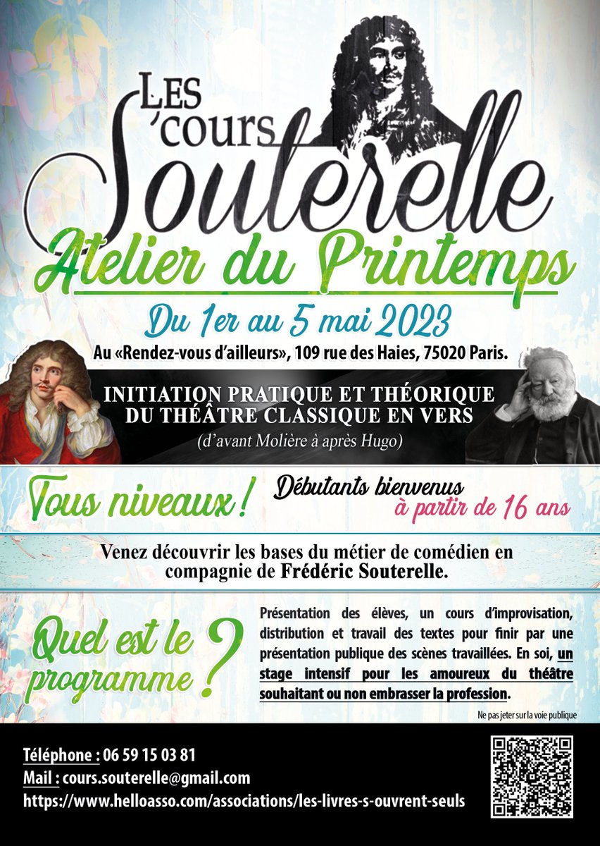 Cet après-midi à 17 h, présentation publique des scènes travaillées cette semaine par les premiers stagiaires de l'Atelier du Printemps, au sein de mes cours.
Cela se passera aux Rendez-vous d'Ailleurs, 109 rue des Haies 75020 et l'entrée sera libre.