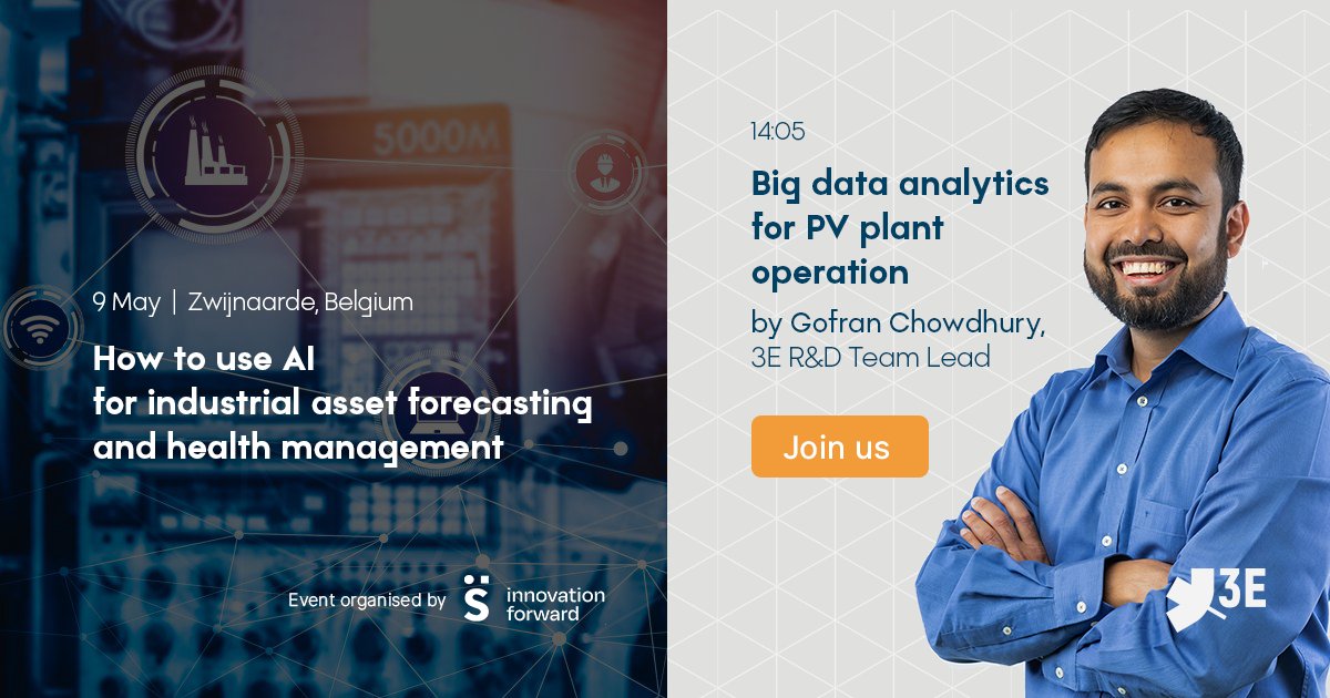 Join us for the session given by 3E's R&amp;D Team Lead, Gofran Chowdhury, on 'Big data analytics for PV plant operation. Benchmarking components with early prediction of losses and failure'.

👉 Info &amp; registration for this event organised by <a href="/Sirris_be/">Sirris</a>: eu1.hubs.ly/H03HcC10
