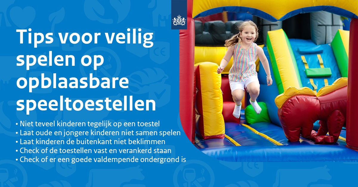 Tijdens #Bevrijdingsdag kunnen kinderen hun lol op met opblaasbare toestellen. Spelen is leuk, maar kent ook risico’s. Wees je er als ouder van bewust dat er ook met veilige speeltoestellen ongelukken kunnen gebeuren als deze niet goed worden gebruikt. nvwa.nl/onderwerpen/sp…