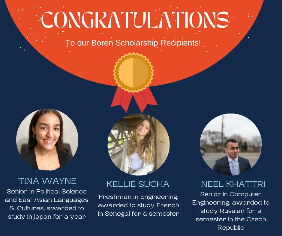 TopScholars1's tweet photo. We are happy to announce that three Illini have been awarded the Boren Scholarship, which funds an opportunity for students to learn critical languages. 

Congratulations to Tina, Kellie, and Neel!!

Read more about our recipients in our press release: https://t.co/u3hEyRYyWH https://t.co/OOt7vDebQP