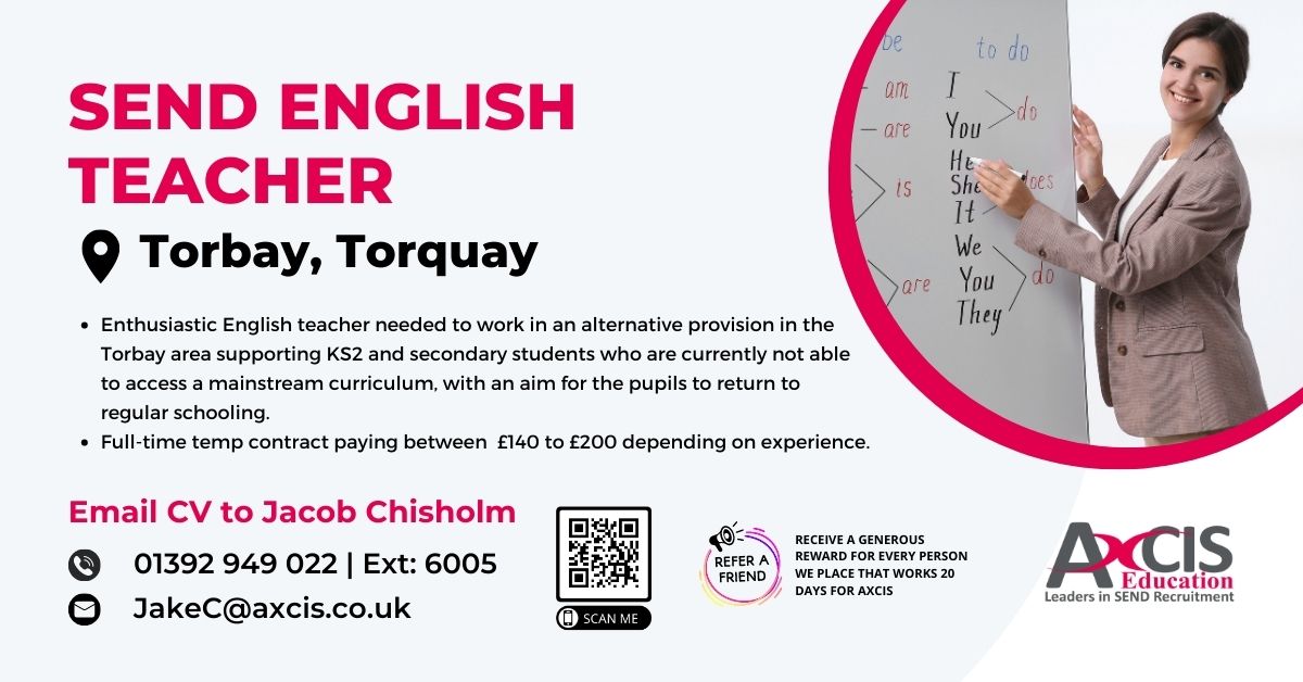 #englishteacher needed for an #alternativeprovision in #Torbay that supports pupils who are currently unable to access a mainstream curriculum | You will be supporting #KS2 &amp; #secondary pupils | E: jakec@axcis.co.uk / T: 01392949 022 | Ext: 6005 #devon #SEND #fulltime #applynow