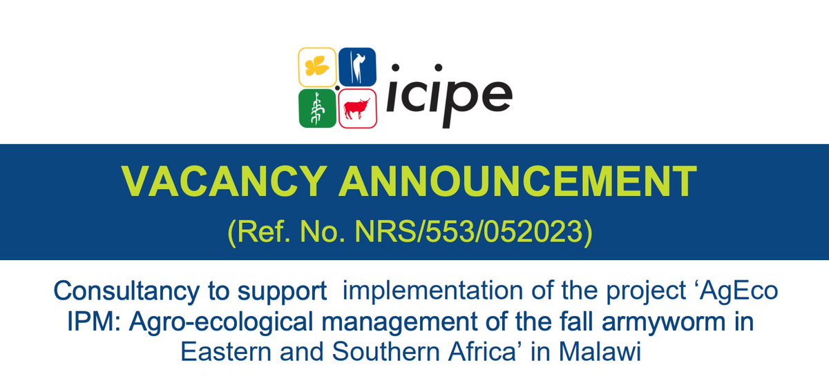 icipe's tweet photo. We have a #vacancy for an  experienced #consultant to support implementation of the project #AgEco #IPM: Agro-ecological management of the fall armyworm in Eastern and Southern Africa’ in #Malawi. For more information &amp; to apply: https://t.co/rLqdGDDMZg
#jobopportunity #hiring https://t.co/O28zL1r7Ml
