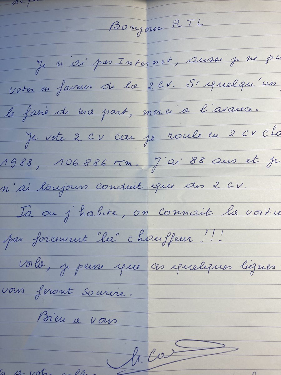 Vte auto française préférée. Monique 88 ans n’a pas internet et m’envoie ce message qq’ un peut-il voter a sa place RTL.fr pr ⁦<a href="/Citroen/">Citroën</a>⁩ 2CV 🙏? Tte sa vie en 2cv et en Charleston depuis 1988 ! 😘⁦<a href="/RTLFrance/">RTL France</a>⁩ ⁦<a href="/turbofr/">TURBO M6</a>⁩