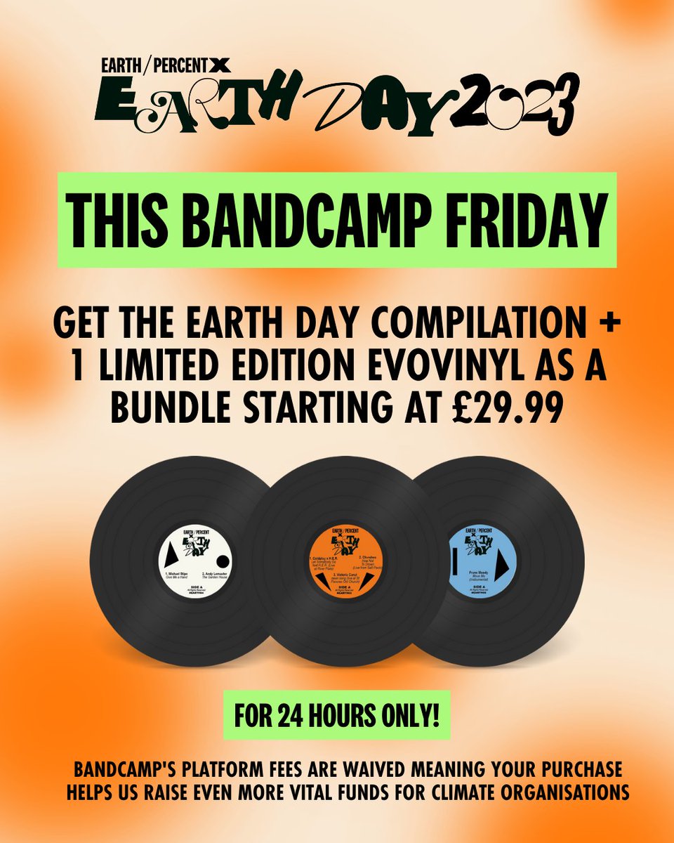 It's #BandcampFriday & your last chance to buy '2039 (EarthPercent Mix)' & support Brian Eno's @earthpercentorg  charity🚨

Head to earthpercent.bandcamp.com/album/earthper… to buy the whole compilation or bundle it w/ EarthPercent's ltd edition Evovinyl for 1 day only 💚

#earthpercentearthday