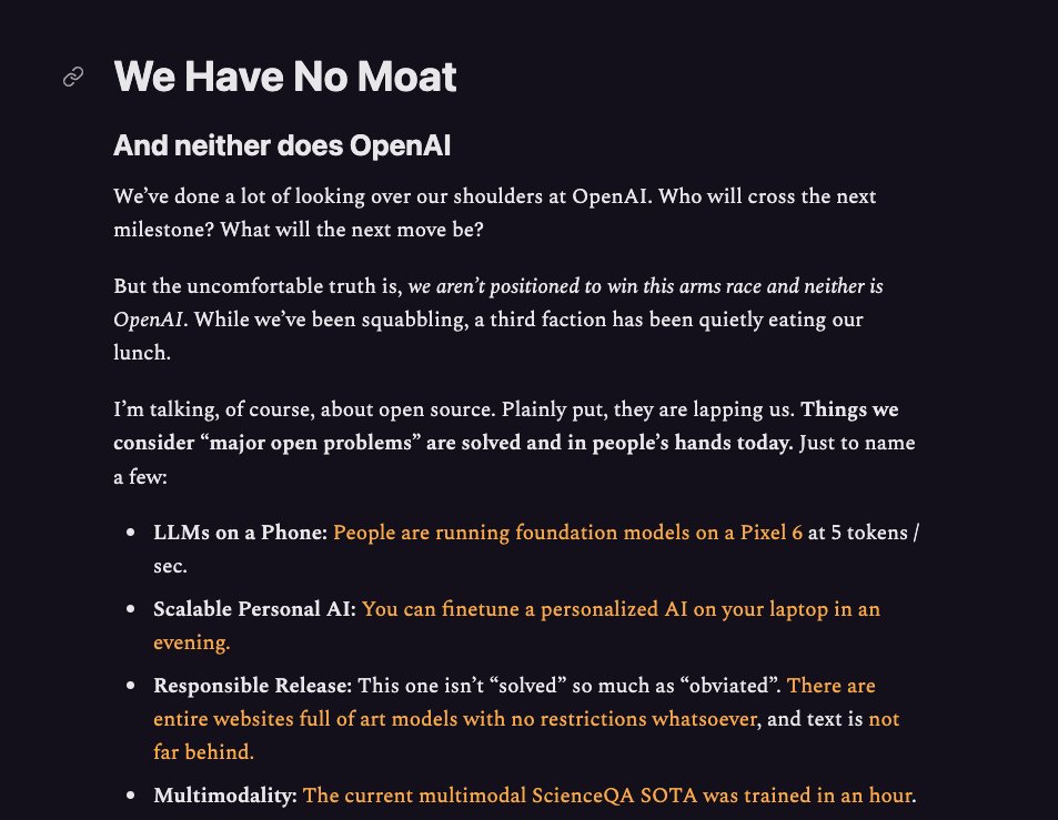 rowancheung's tweet photo. @SnoopDogg 6. Leaked Internal Google Document 

An anonymously shared Google document has been leaked in a Discord server. 

Identity of the Google researcher who authored the document has been verified.

However, it’s worth noting it represents personal opinion, not the entire company’s. https://t.co/0Mexsb6qTf