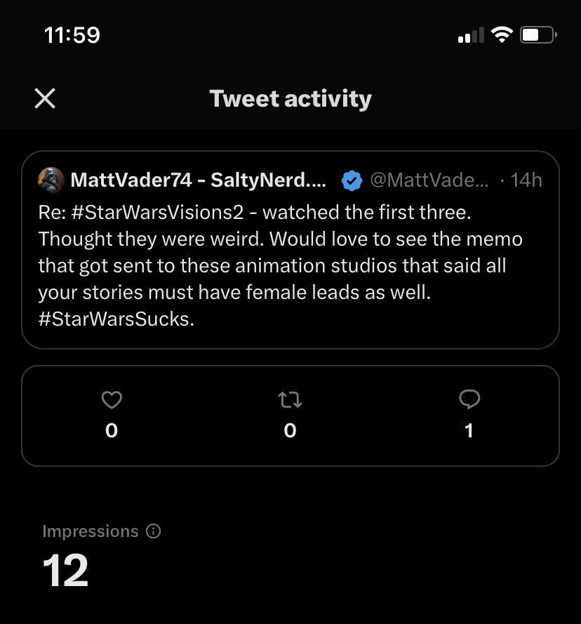 So this morning I made a tweet being critical of Star Wars and new #StarWarsVisions2 and how I wasn’t impressed and that their agenda was basically showing. When I checked 7 hrs later it had 4 impressions. Which is nonsense. Felt like something was off. So I made a new tweet, the…