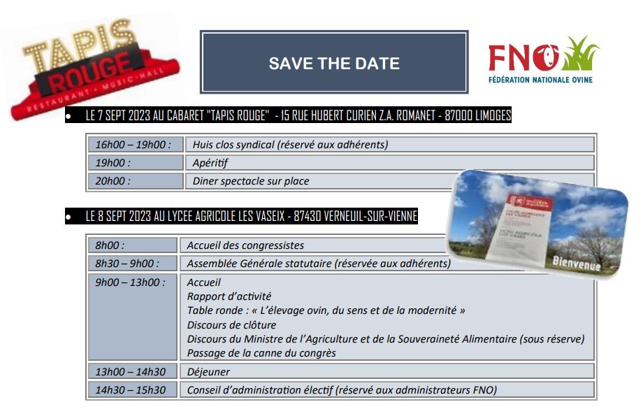 EleveursOvins's tweet photo. Prenez date 🗓️👉Les 7⃣et 8⃣septembre, la #FNO organise son congrès à Limoges en marge du salon #TechOvin https://t.co/VXQjcJgvCZ