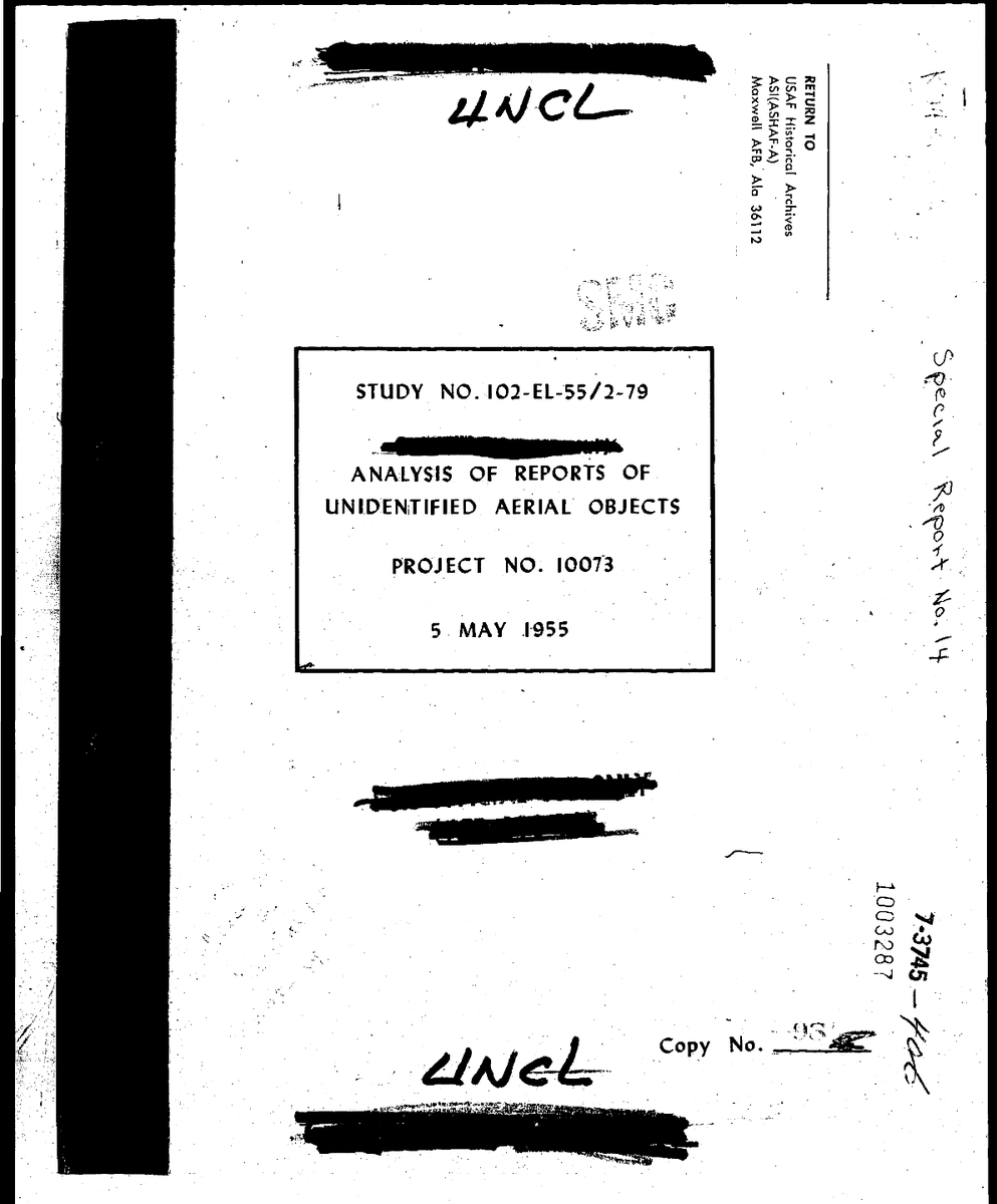 mrjeffknox's tweet image. #ufotwitter #ufohistory
Today in UFO History - Project Blue Book Special Report No. 14 Declassified
May 5, 1955 — 
1/ATIC declassifies Battelle Memorial Institute’s 1951–1954 study of UFOs, completed in March 1954, as Project Blue Book Special Report No. 14 but does not release