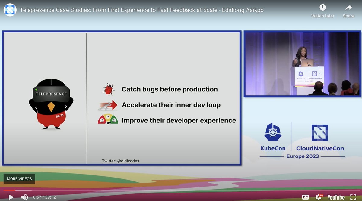 My talk at KubeConEU is now live on Youtube 🎉

In this talk, I shared case studies on how @telepresenceio has enabled Kubernetes development teams to catch bugs before production, accelerated their inner dev loop, and improve their developer experience.

youtube.com/watch?v=Hcm_el…