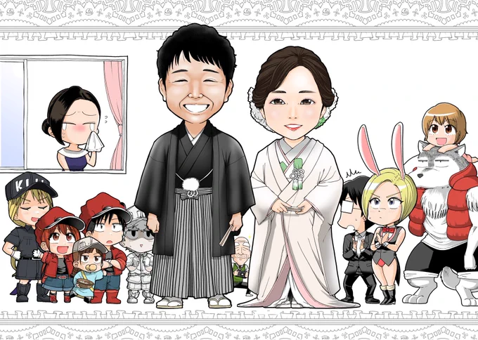 先日身内のみの結婚式を私の地元で執り行い、無事に式を終えました 画像は私が描いたウェルカムボードです全て描き下ろしの力作です!! 今まで僕が生み出した連載キャラ達にも祝ってもらいました!