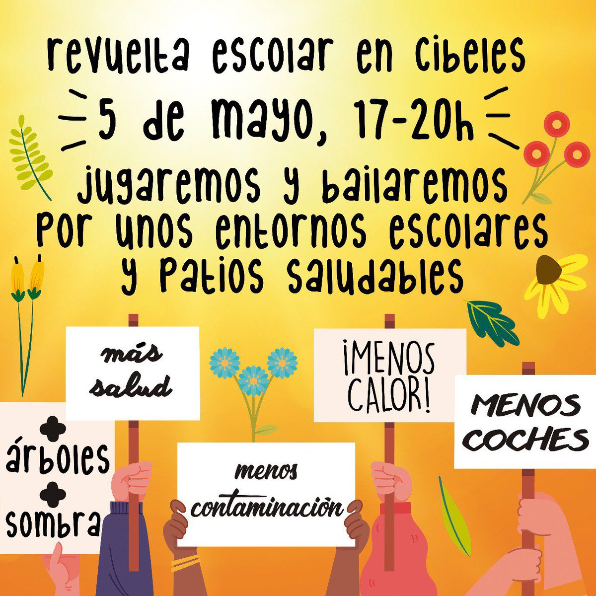 🌱Este viernes 5 de mayo la 🌀 Revuelta Escolar en ¡Cibeles!
Desde la casita de la AFA a las 16:15 h con carteles 🪧 y música 🎼!
Trae tu juego preferido 🪀🪁🏐🤸🏿♀️🎳🪣🎈🪅🛴⛱️ para compartir. ¡Mejores ciudades para tod@s! 🌳🚲☀️
#CallesAbiertasParaLaInfancia #EspacioParaRespirar