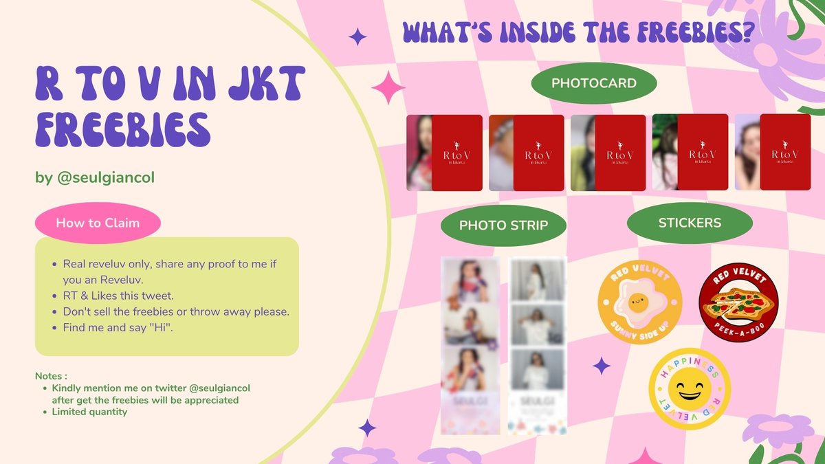 FREEBIES for R TO V in JKT
🐻 by @seulgiancol 🐻

Heyhooou~ summoning all Seulmates for get a #SEULGI freebies. RT &amp; Likes will be appreciated!

📅 May 20th, 2023
📍 ICE BSD

* How to claim on picts
* Limited qty
* Avail for trade, hit me up on DM

See you! 💛