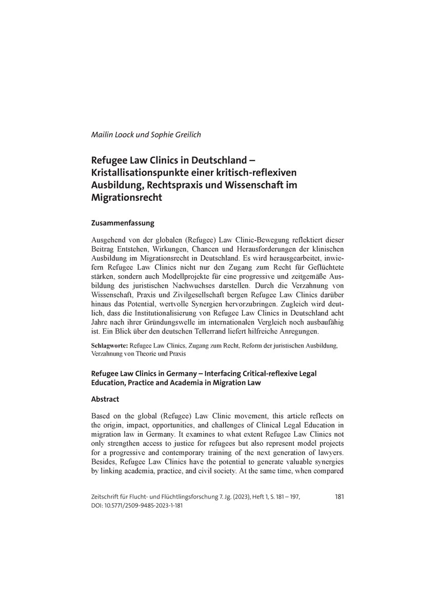 Forumsbeitrag in der neuen Ausgabe der <a href="/ZFlucht/">Z'Flucht</a> "Refugee Law Clinics in Deutschland – Kristallisationspunkte einer kritisch-reflexiven Ausbildung, Rechtspraxis und Wissenschaft im Migrationsrecht" verfasst von Mailin Loock &amp; Sophie Greilich ist erschienen.
nomos-elibrary.de/10.5771/2509-9…