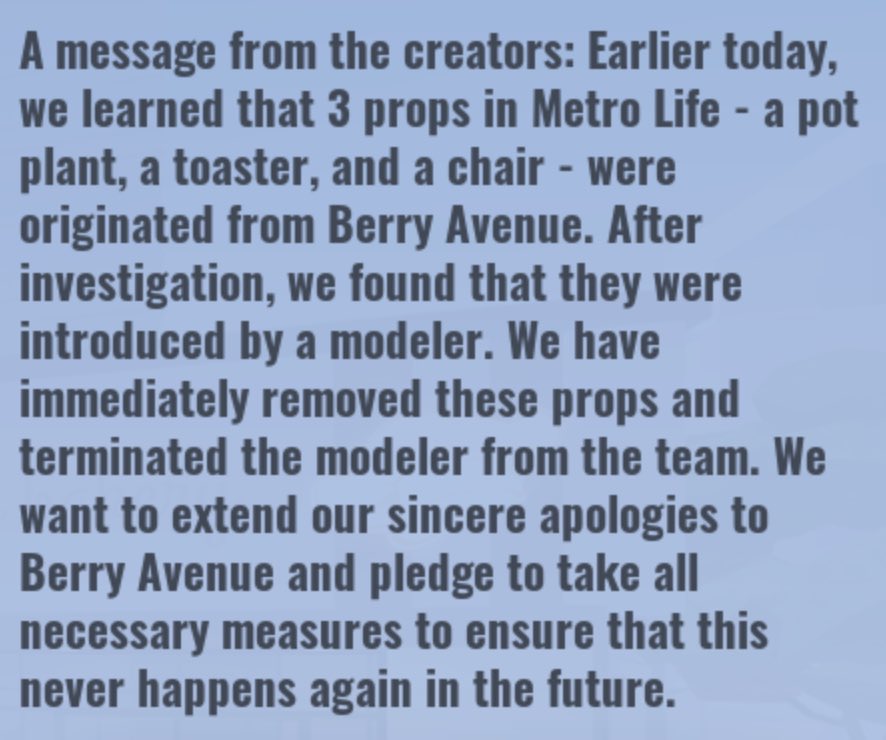 ModzLeaks's tweet photo. @BerryAvenueGame This is an official message from the “House of creators” team. They have completely removed the assets and removed the modeler from the team. It is important to mention that the team needed to hear about this issue from a third party. Berry Avenue NEVER reached out directly. https://t.co/kdkifMGrhU