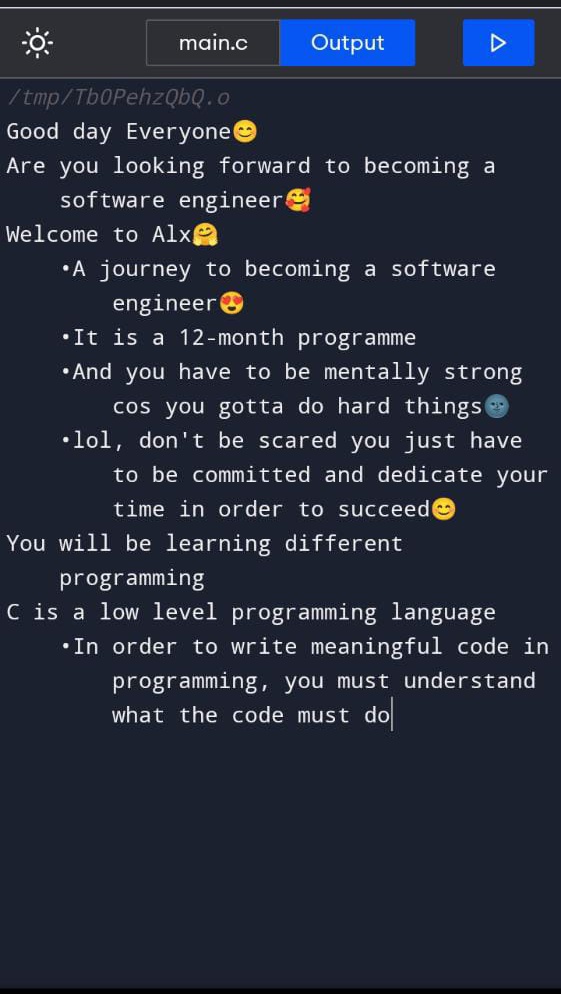 DeeRNner's tweet image. I learnt about the simple syntax of C programming language, how compiler, preprocessor, prototypes, library files works, variable declaration and how the function perform a specific task. 
#Daysofcoding #Alx_SE