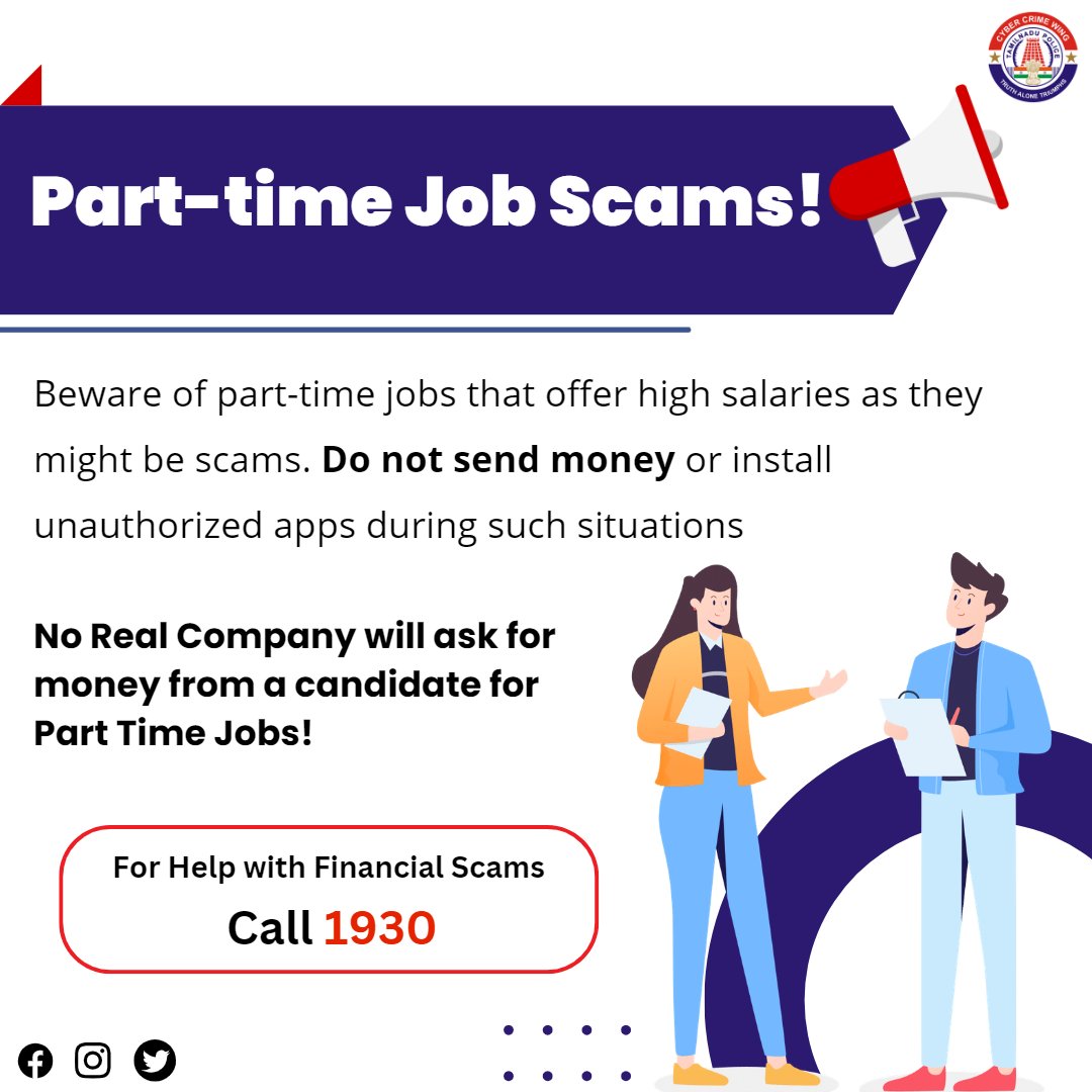 tncybercrimeoff's tweet photo. Beware of part-time job scams!
No Real Company will ask for money from a candidate for part-time jobs!
To Report Financial Crimes - Call 1930 (24x7)
#CyberCrimeAwareness #TNCyberCrime #CyberCrimeHelpline #PartTimeJobs #PartTimeJobScams #JobScams #FakeJobs #FakeJobScam https://t.co/gtnYlI5Lkx