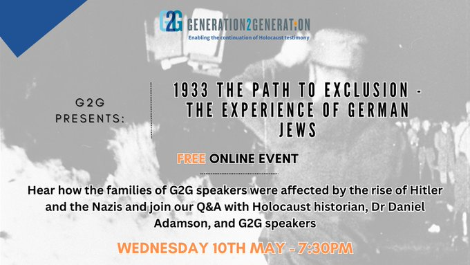 📣 A reminder of an exciting upcoming event happening THIS WEEK including a Q&A with @DanielEAdamson #G2GPresents: 1933 The Path to Exclusion - the experience of German Jews. ⏰Weds 10 May 2023, 19:30 (online) Book a spot ➡️ eventbrite.co.uk/e/559696977727