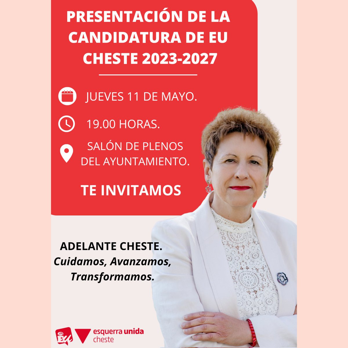 EUCheste's tweet photo. El próximo Jueves día 11 de mayo se realizará el acto de presentación de la candidatura de Esquerra Unida Cheste 2023-2027.

Dicho acto tendrá lugar a las 19.00 horas en el salón de plenos del ayuntamiento.

Quedan todos invitados.🔺 https://t.co/7i7BmKUJNU