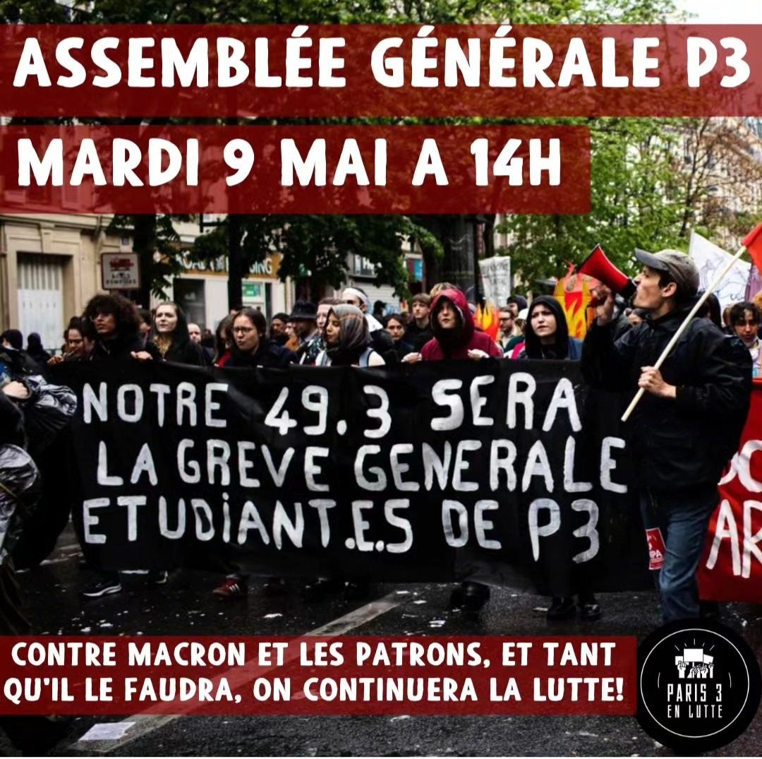 📣Assemblée Générale Paris 3📣
Mardi 9 mai - 14h
#sorbonnenouvelle #assembleegenerale