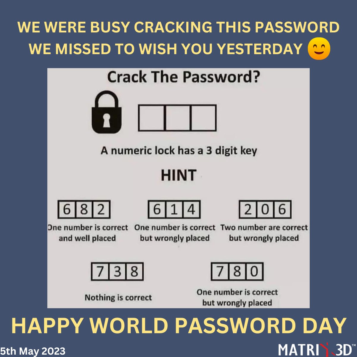 Matrix3D_India's tweet photo. Can you crack the password? WRONG ANSWERS ONLY!!
Happy World Password Day!!!
#worldpasswordday2023 #strongpasswords #security #securepassword #codecracker #challenge #matrix3d https://t.co/AVWnUJ5qEi