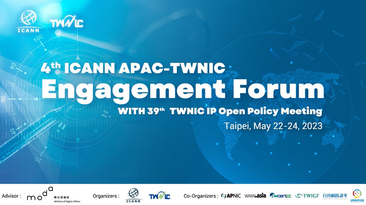 #ICANN and <a href="/twnic_ia/">TWNIC</a> are proud to organize the 4th ICANN APAC-TWNIC Engagement Forum from 23–24 May. Join us at this hybrid event! More details here &gt;&gt; bit.ly/3nqh0Ex

#ICANN_APAC #TWNIC_Forum #Engagement_Forum