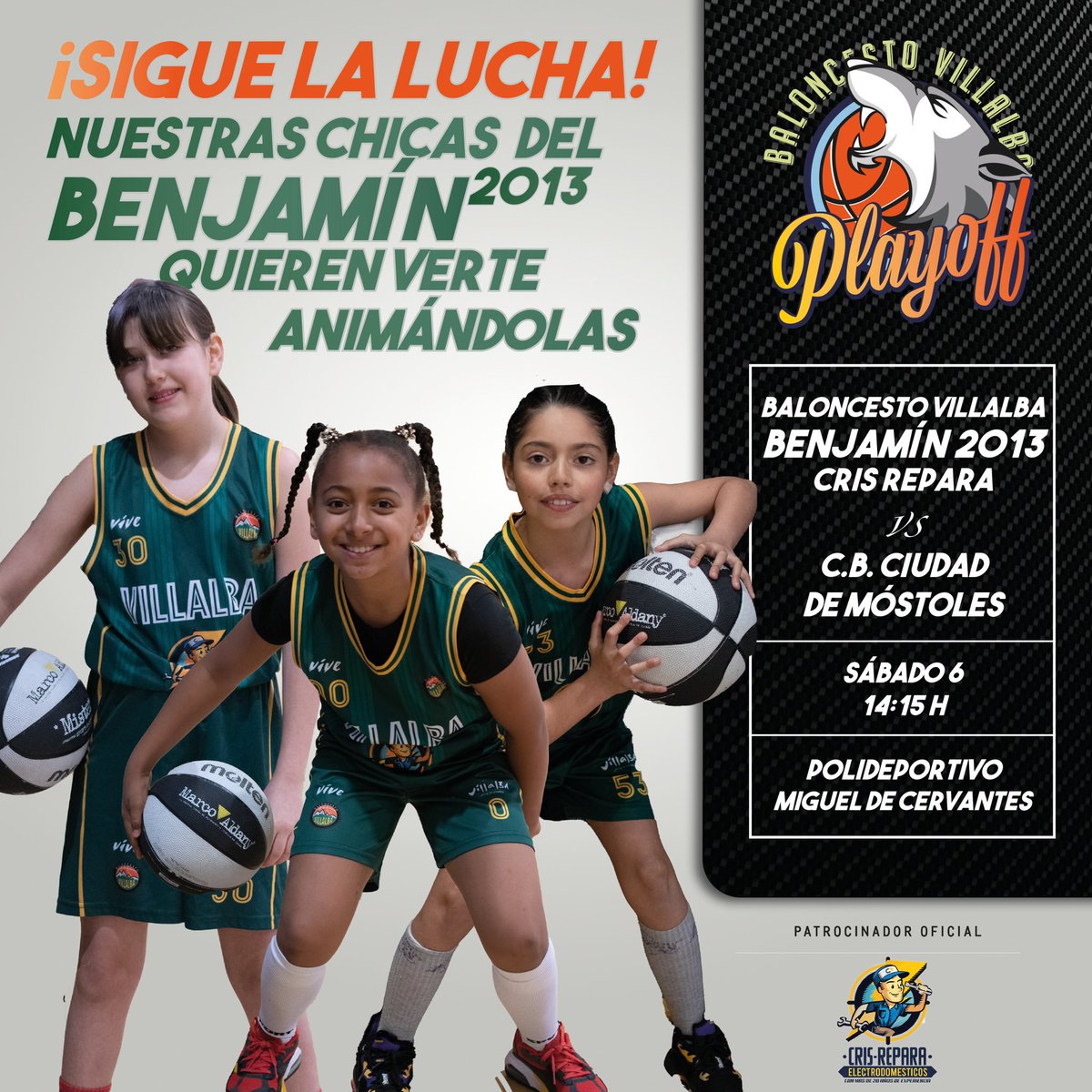 ubvillalba's tweet photo. 🚨🚨 Tras superar la eliminatoria de octavos, las chicas del 2013 se enfrentarán a @cbcmostoles en cuartos de final 

Necesitan vuestro apoyo!!! Te esperamos en el Cervantes

📆 Sábado 6 de mayo 

⏰ 14:15 h

🏟️ Cervantes 

🆚 Ciudad de Móstoles https://t.co/ayoMNpkEkD