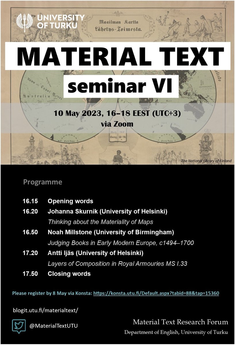 MaterialTextUTU's tweet image. Last chance to register! Seminar on Wednesday with @JohannaSkurnik (U Helsinki), Noah Millstone (U Birmingham), and @AnttiIjaes (U Helsinki). 🌎📖⚔️ 
Register here: konsta.utu.fi/Default.aspx?t…